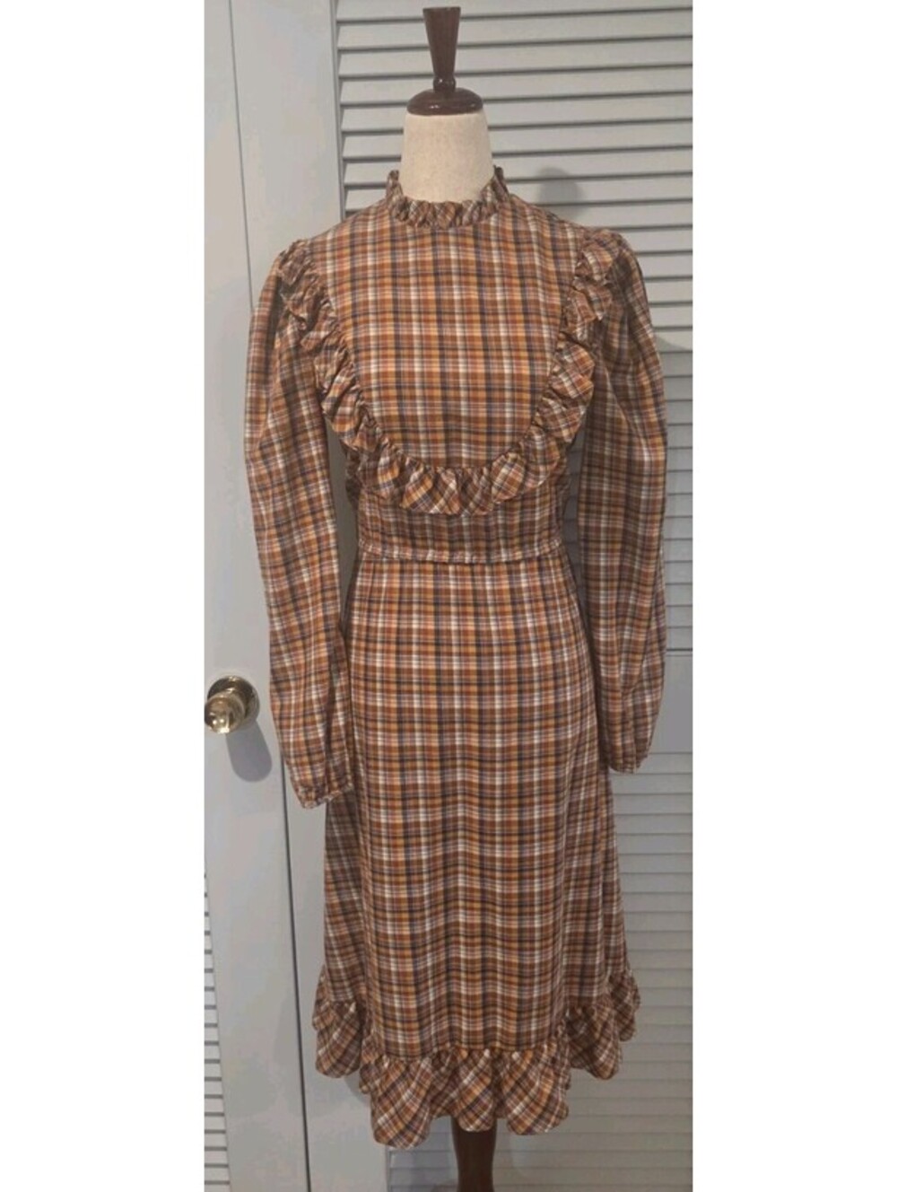 Plaid Brown Red Blue White Ruffled Western Prarie Midi Dress 70s Vintage